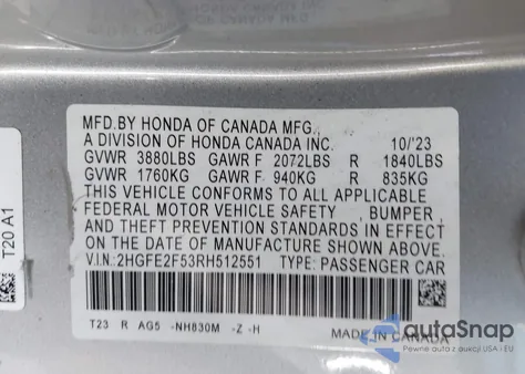 2024 Honda Civic Sport from USA, damaged, VIN 2HGFE2F53RH512551